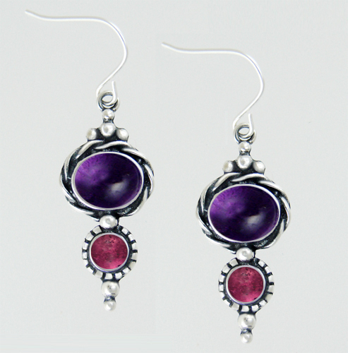 Sterling Silver Drop Dangle Earrings With Amethyst And Pink Tourmaline